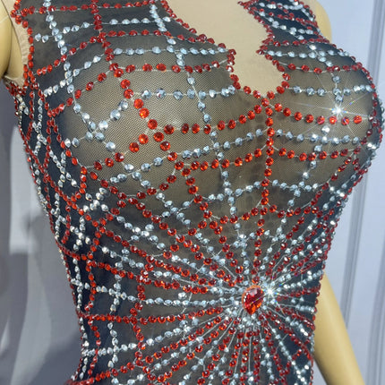 Spiderweb Rhinestone High-Cut Stage Bodysuit Halloween Dance Performance Leotard