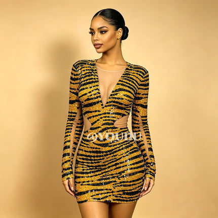 Tiger Print Rhinestone Mesh Long-Sleeve Mini Dress Deep V-Neck Stage Costume