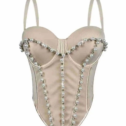 Pearl Embroidered Bustier Corset Crop Top High Street Evening Bralette