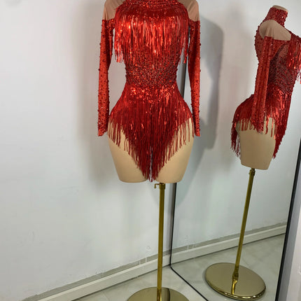 Red Rhinestones Skinny Bodysuit Women Sexy Long Sleeve Tassel Performance Singer Dance Costume Nightclub Celebrate Stage Wear