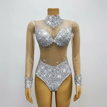 Rhinestone Encrusted Mesh Performance Bodysuit