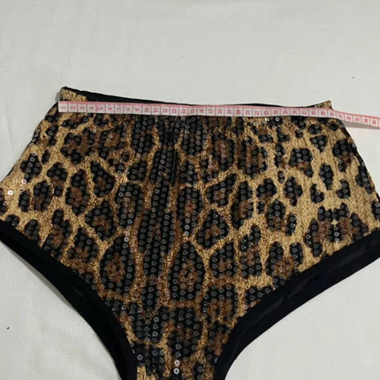 Sequined Top & High-Waist Leopard Print Shorts 2-Piece Gogo Dance Set