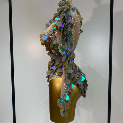 Iridescent Mermaid Scale Sequin & Rhinestone Illusion Bodysuit Stage Costume