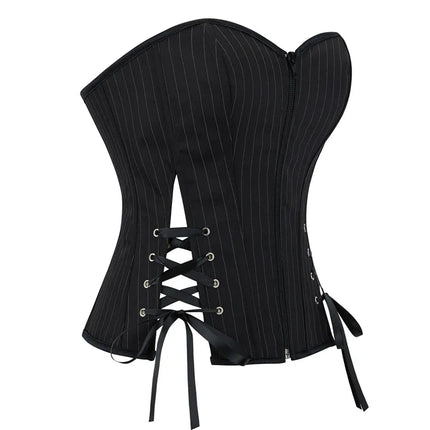 Black Striped Overbust Corset Top Zipper Front Lace-Up Bustier Body Shaper