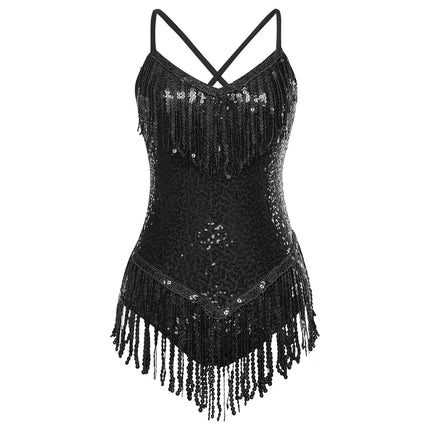 Sequins Fringed Cross Back Latin Dance Leotard Sleeveless V-Neck Bodysuit
