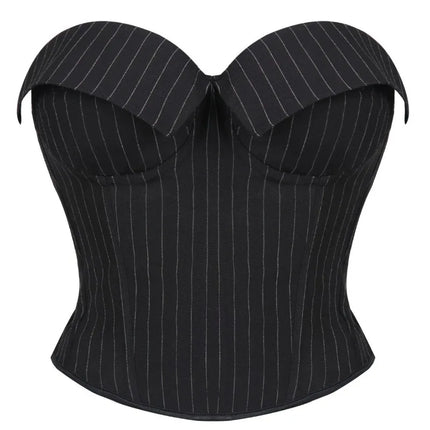 Black Striped Overbust Corset Top Zipper Front Lace-Up Bustier Body Shaper