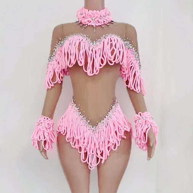 Pink Tassel Long-Sleeve Bodysuit Drag Queen & Gogo Stage Performance Costume