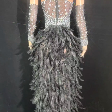Rhinestone Chain Bodysuit with Detachable Feather Train & Sleeves 3-Piece Stage Costume Set