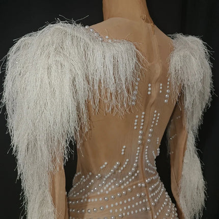 Sparkly Pearl Rhinestone Tassel Sleeve Mesh Jumpsuit Showgirl Stage Catsuit