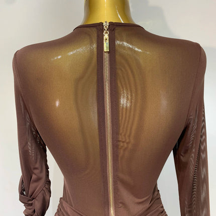 Ruched Mesh Draped Bodycon Maxi Dress Long Sleeve Illusion Evening Gown