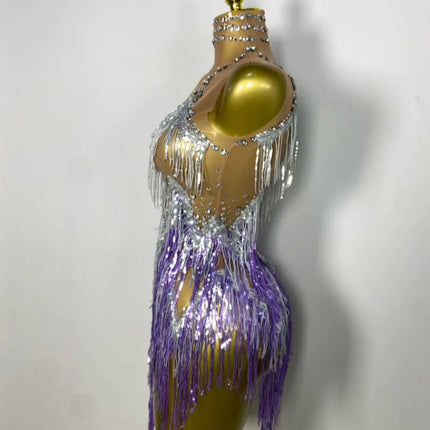 Sparkly Rhinestone & Tassel Fringe Latin Dance Mini Dress Stage Costume