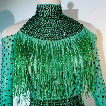Rhinestone Tassel Mesh Performance Bodysuit
