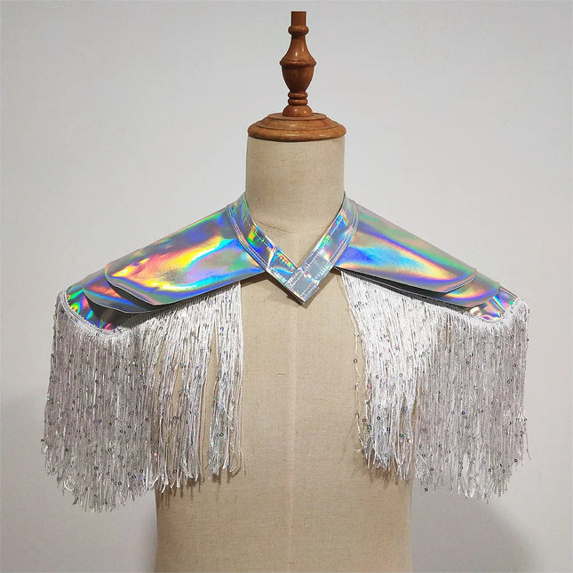 Metallic Laser Fringe Shoulder Armor & Tassel Vest Stage Costume