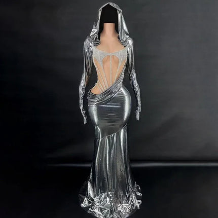 Liquid Metallic Hooded Maxi Gown Backless Cutout Floor-Length Stage Dress