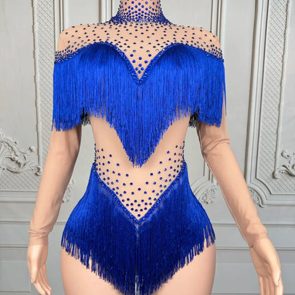 Sparkly Rhinestone Tassel Fringe Dance Performance Costume Stage Bodysuit