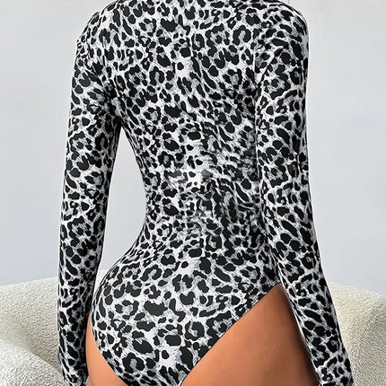 Leopard Print Long-Sleeve Stand Collar Bodysuit Sexy Cutout Stage One-Piece