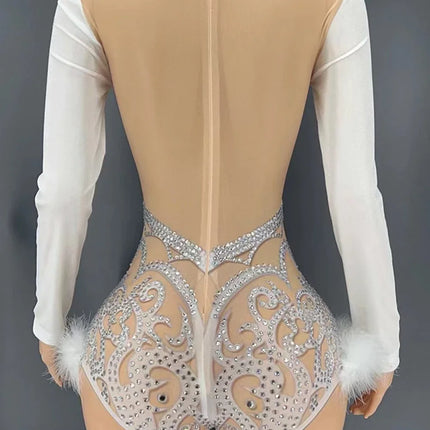 Sparkly Rhinestone & White Feather Long-Sleeve Bodysuit Stage Costume