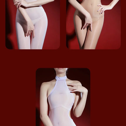 5D 912 PIN Backless Halter Oil Glossy Sheer Bodysuit Leotard