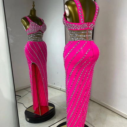 Hot Pink Rhinestone & Tulle Inset Open-Leg Maxi Evening Gown