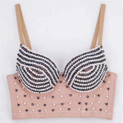 Rhinestone Beaded Bustier Corset Crop Top High Fashion Evening Party Bralette