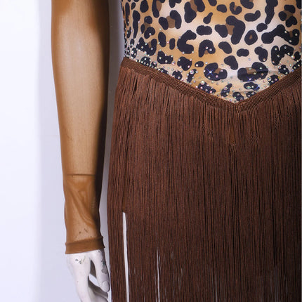 Leopard Rhinestone Fringe Latin Dance Bodysuit Mesh Long Sleeve Stage Performance Dress