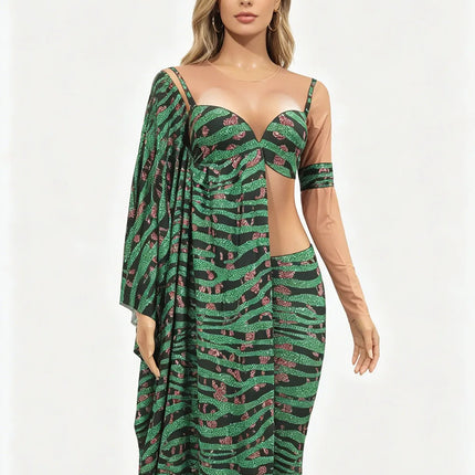 Irregular Single Sleeve Leopard Jumpsuit Green Tight Women Singer Stage Wear Nightclub Party Stage Performance Costume