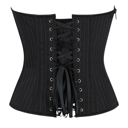 Black Striped Overbust Corset Top Zipper Front Lace-Up Bustier Body Shaper