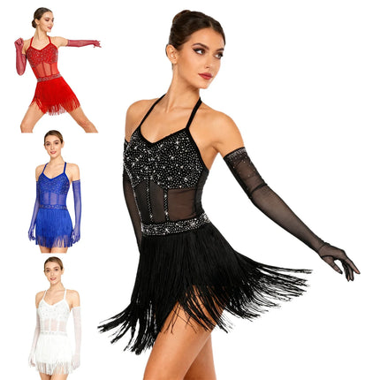 Rhinestone Latin Dance Dress, Mesh Tiered Tassel Bodysuit & Long Gloves Set