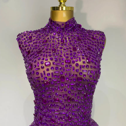 Sparkly Rhinestone Sleeveless Maxi Long Dress See-Through Sheer Mesh Stage Outfit
