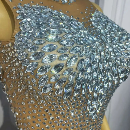 Sparkly Rhinestone Sheer Mesh Bodysuit Backless Stage Costume Leotard