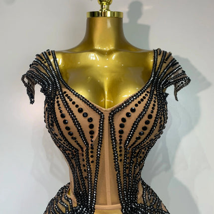 Sparkly Rhinestone Mesh Strapless Mini Dress Evening Stage Performance Outfit