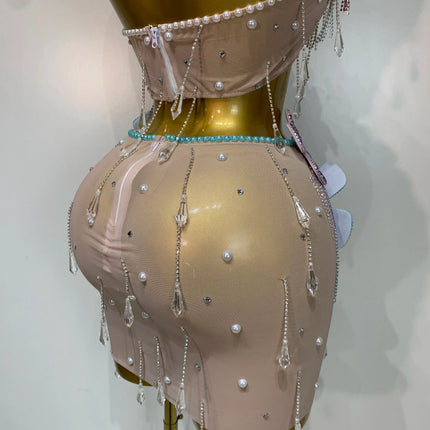 Colorful Rhinestone Pearl Sheer Dress & Two-Piece Mini Skirt Set Celebration Outfit