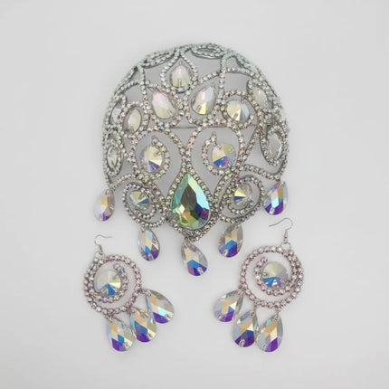 Oversized Glass Crystal Rhinestone Drop Pendant Headpiece & Earrings Drag Queen Stage Jewelry