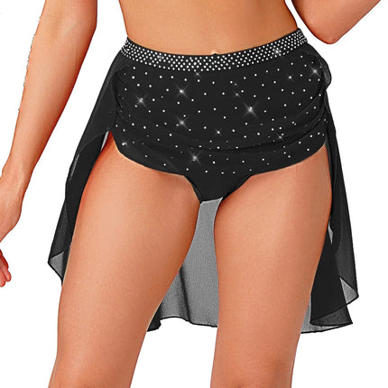Womens Modern Lyrical Dance Skirt Performance Costume Sparkly Rhinestone Irregular Chiffon Hem Built-in Briefs Skirt Dancewear