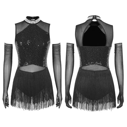 Sparkly Sequin & Fringe Dance Dress with Gloves Latin Stage Performance Costume