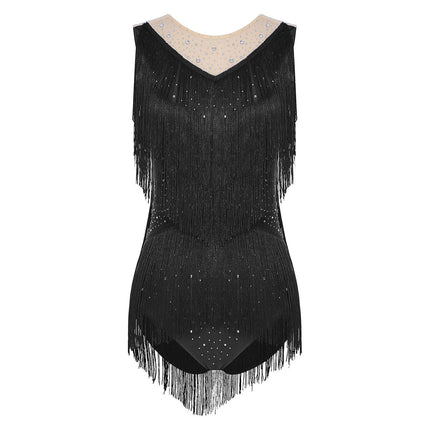 Sparkly Rhinestone & Tassel Fringe Latin Dance Leotard Crew Neck Bodysuit
