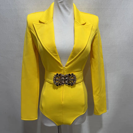 Women's Long Sleeve Blazer Bodysuit with Crystal Belt, V-Neck Zipper Stage & Concert Performance Costume