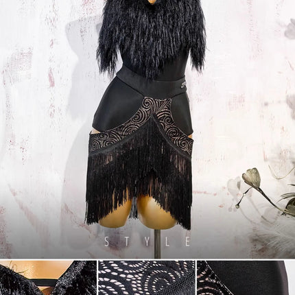 Black Fluffy Dance Leotard & Fringe Practice Skirt Latin Performance Costume Set