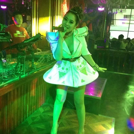 White Faux Leather Studded Stage Dress & Fluffy Skirt Pop Singer Costume Set