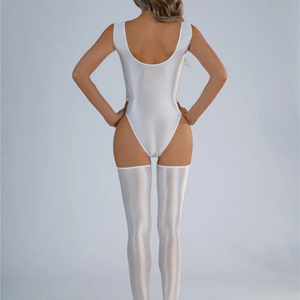Backless High-Cut Oil Glossy Sheer Bodysuit & Matching Stockings Set