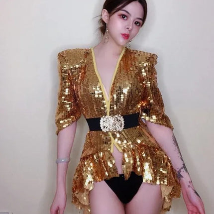 Sequined Shoulder Pad Tuxedo Leotard & Stage Performance Costume