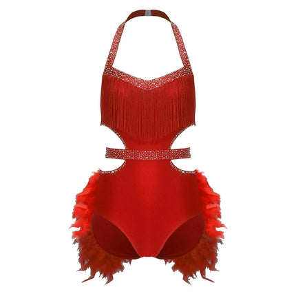 Glittery Rhinestone & Faux Feather Latin Dance Leotard Halter Bodysuit