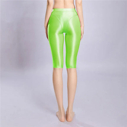Women's Oil Glossy Sheer High-Waist Shaping Shorts Satin Smooth Leggings