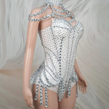 Sparkly Rhinestone Tassel Spandex Bodysuit Halter Dance Stage Costume Leotard