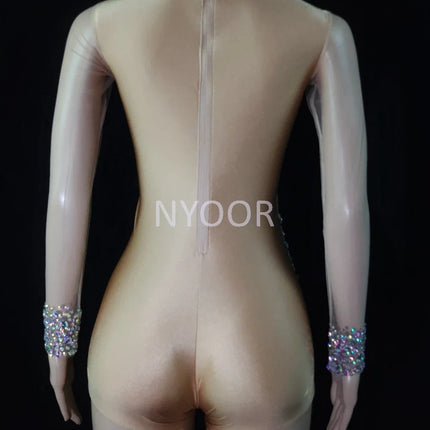 Luxurious AB Crystal Rhinestone Stage Dance Costume Illusion Romper
