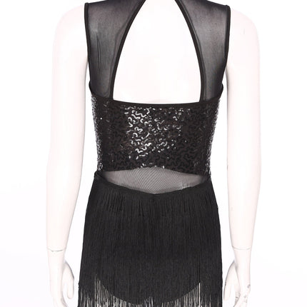 Women Sequins Diamond Latin Jazz Dance Costume Sleeveless Cutout Back Flowy Tassel Dress Leotard Tango Cha-Cha Samba Dancewear
