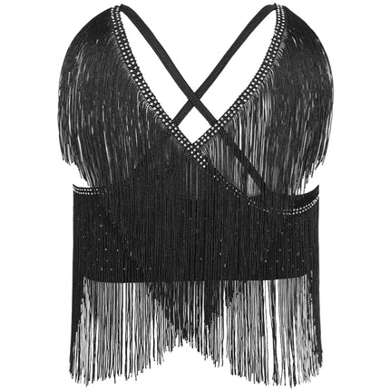 V-Neck Crisscross Back Tassel Fringe Crop Top Latin Salsa Dance Costume