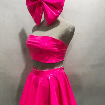 Patent Leather Bow Bralette, Pleated Mini Skirt & Headband 3-Piece Stage Dance Costume Set