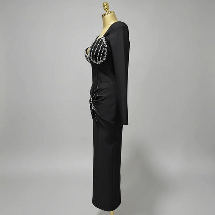 Elegant Square Neck Crystal Embroidered Bandage Ankle-Length Evening Gown
