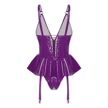 Glossy Wet-Look Halter Romper Bodysuit with Flared Skirt Hem & Integrated Garters